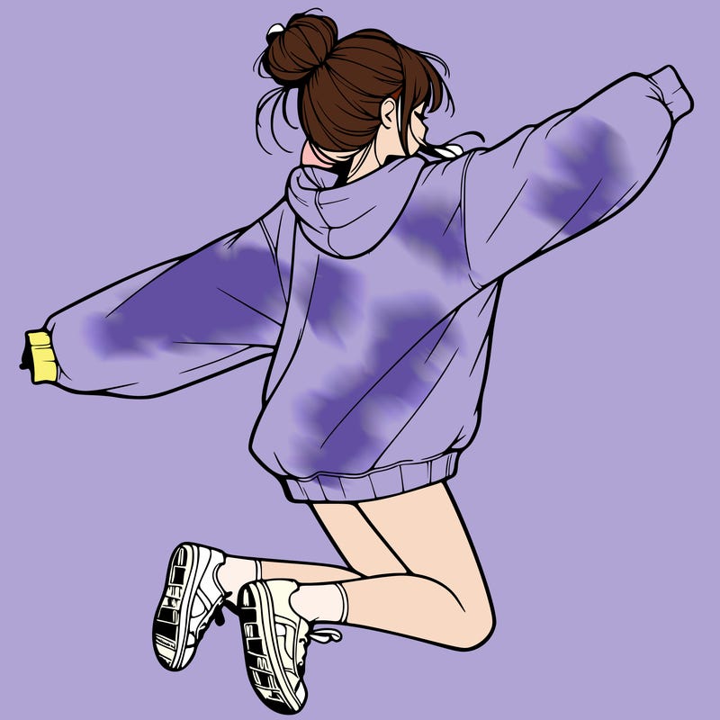 realistic girl jumping with a bun and oversized sweatshirt