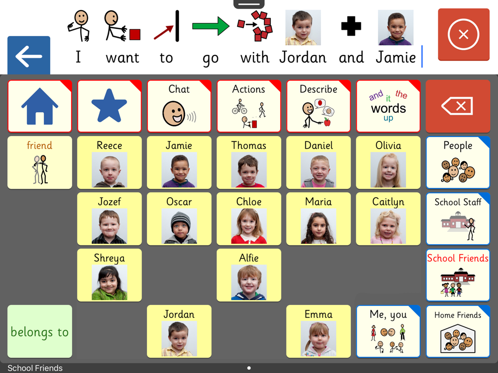 Clicker Communicator: AAC - Interface of the Clicker Communicator AAC app showing a custom grid of school friends with names and photos for easy communication.