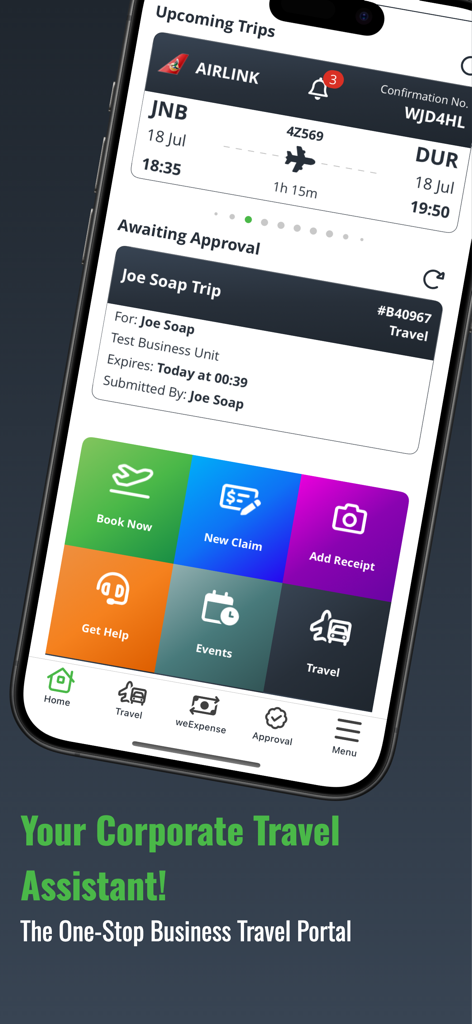 Smartphone zeigt das Travelit App Dashboard mit Flugdetails und Optionen zur Verwaltung von Geschäftsreisen