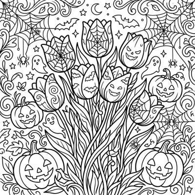Dive into a uniquely charming coloring experience with our Halloween Tulip design! This delightful page blends the beauty of blooming tulips with classic spooky elements like grinning pumpkins and friendly ghosts, perfect for festive relaxation.