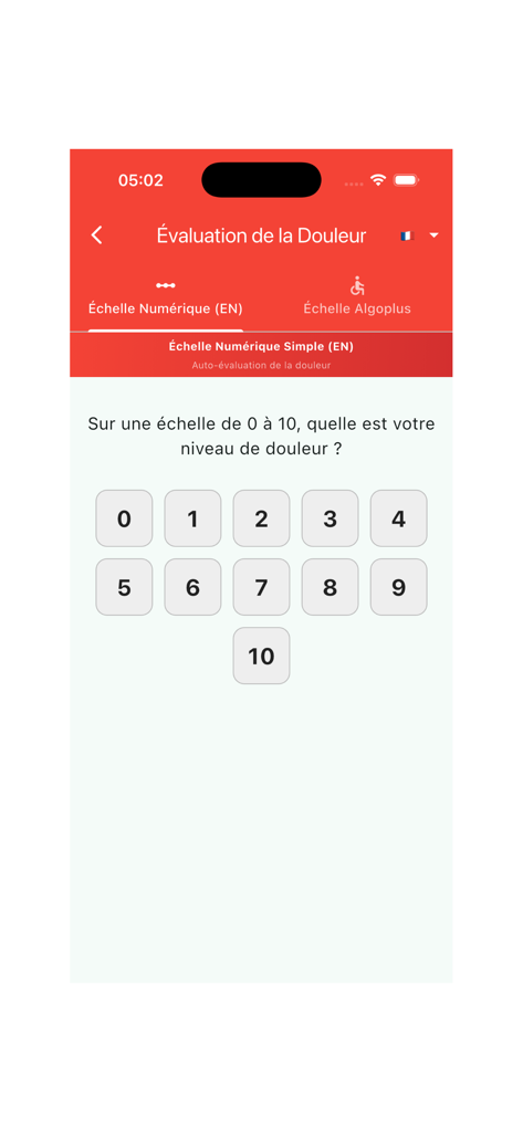 MedScales Pro - Interfaz de la aplicación MedScales Pro que muestra una escala de evaluación de nivel de dolor numérica de 0 a 10 para evaluación clínica.