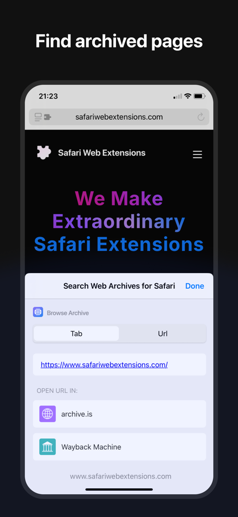 Search Web Archives for Safari - Interface of the Search Web Archives for Safari extension on iPhone showing options to find archived versions of a webpage via archive.is and the Wayback Machine.
