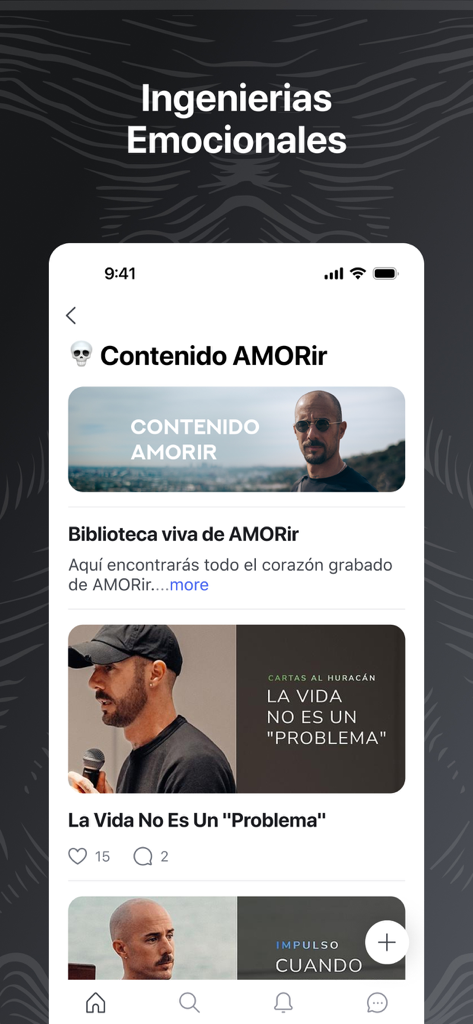 Te Vas AMORir - Interfaz de la app Te Vas AMORir mostrando contenido de ingeniería emocional y videos de Diego Dreyfus.