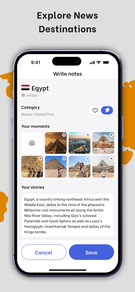 Travel journal interface in been app showing photos of pyramids and trip notes for Egypt