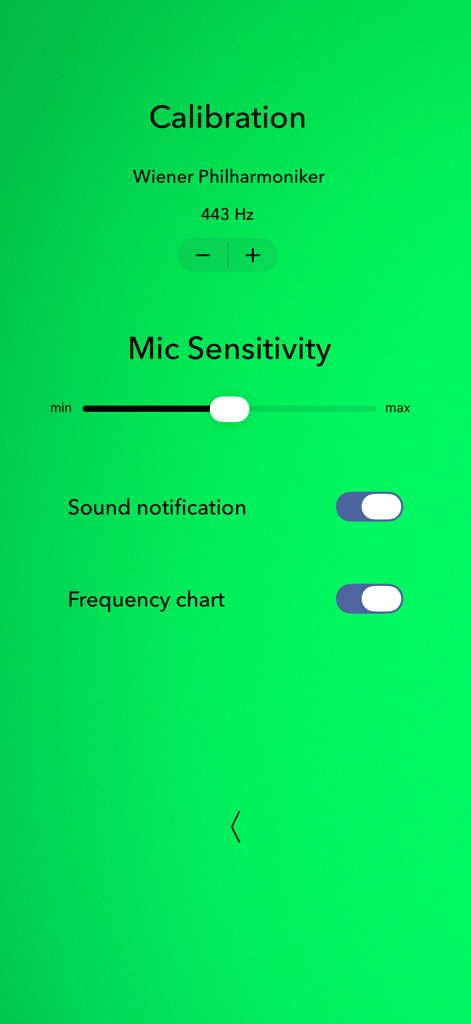 Settings screen of the Cello Tuner Basic app showing A4 calibration at 443Hz and microphone sensitivity slider.