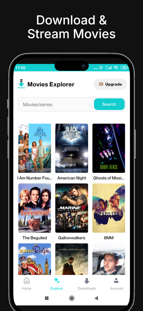Maxbox - The Movie Explorer screen of the Maxbox app featuring a movie search bar and a grid of movie posters for streaming and downloading.