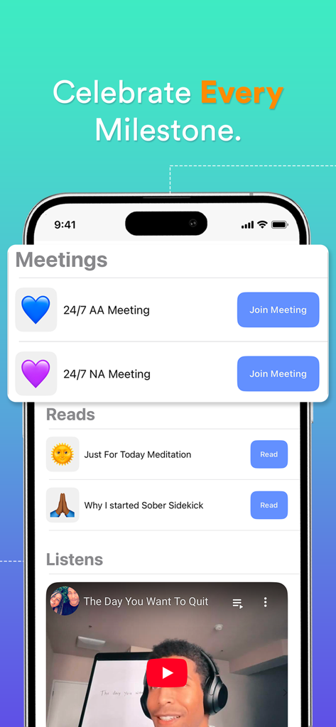 Sober SideKick: Quit Addiction - Sober Sidekick app interface displaying 24/7 AA and NA meeting options alongside meditation reads and recovery videos.