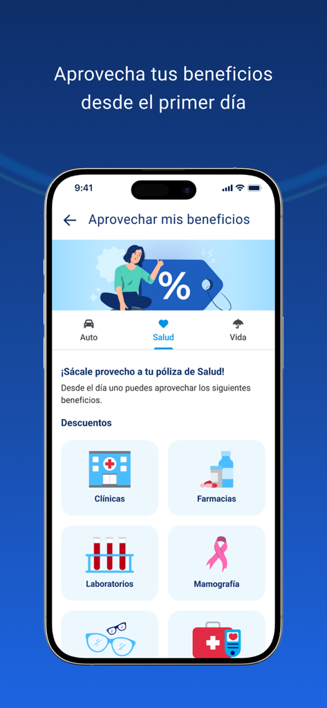 ASSA Compañia de Seguros - ASSA app screen showing health insurance benefits and discounts for clinics and pharmacies