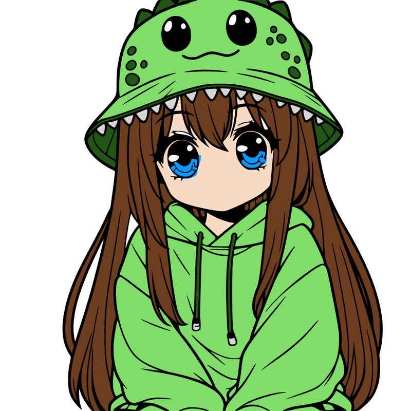 girl with anime shaped eyes with a dinosaur bucket hat oversized sweatshirt long straight hair
