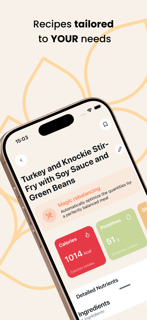 Flavora - Flavora mobile app interface showing a tailored turkey stir fry recipe with macronutrient details