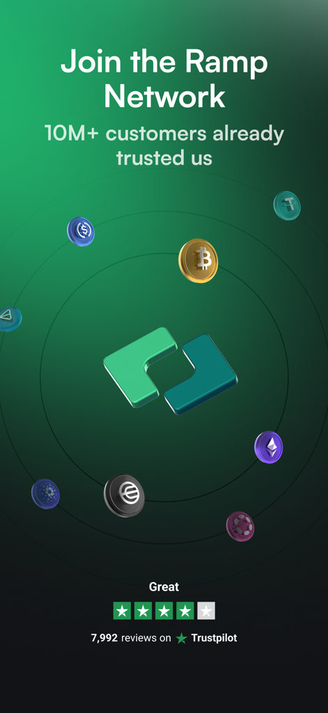 Ramp Network marketing screen showing 10 million customers and cryptocurrency coins
