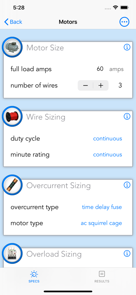 Oberfläche der E-Calc Journeyman-App für elektrische Motorberechnungen mit Motorgröße, Kabelgröße und Überstromparametern.