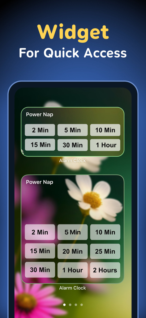 Alarm Clock ◎ - 目覚まし時計アプリのウィジェット。クイックアクセス用のパワーナップタイマーオプションが表示されている。