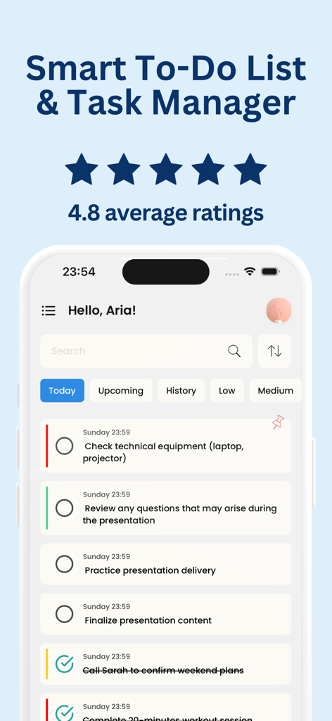 To do List: Task Manager, AI - Oberfläche der Smart To Do List App mit täglichen Aufgaben und einer Bewertung von vier Komma acht Sternen