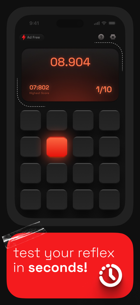 Reflex Club app interface showing a reaction speed test with a red glowing square on a grid and a digital timer