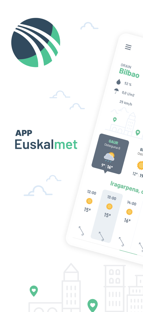 Interfaz de la aplicación meteorológica Euskalmet mostrando un pronóstico detallado del tiempo para Bilbao, incluyendo temperatura y actualizaciones por hora.