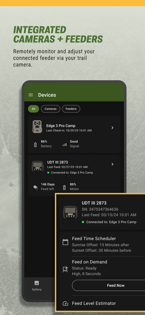 Moultrie - Moultrie app interface for remote management of trail cameras and automatic feeders