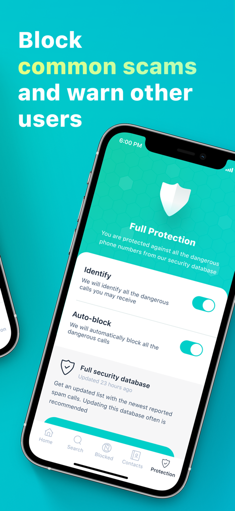 Call Blocker - La aplicación Call Blocker mostrando la protección total y la configuración de bloqueo automático en iPhone.