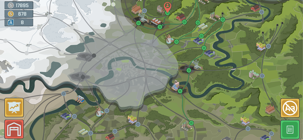 Train Simulator: Railroad Game - Vista de arriba hacia abajo del extenso mapa del mundo 2D del juego que muestra redes ferroviarias y ubicaciones industriales.