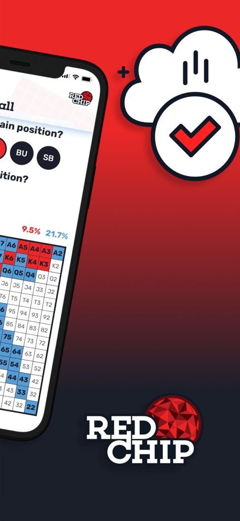 GTO Poker Ranges By Red Chip - GTO Poker Ranges app interface showing a preflop hand strategy chart