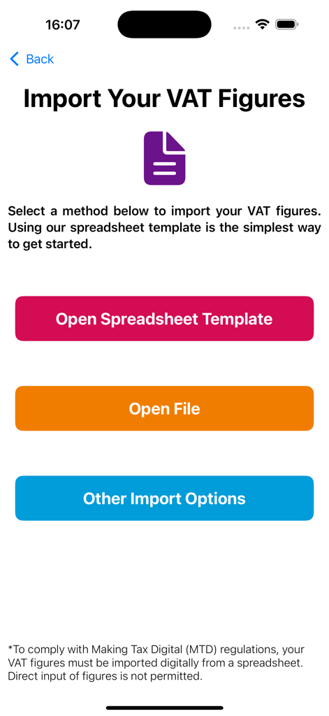 Screen for importing VAT figures with options to open a spreadsheet template or select a file for HMRC submission