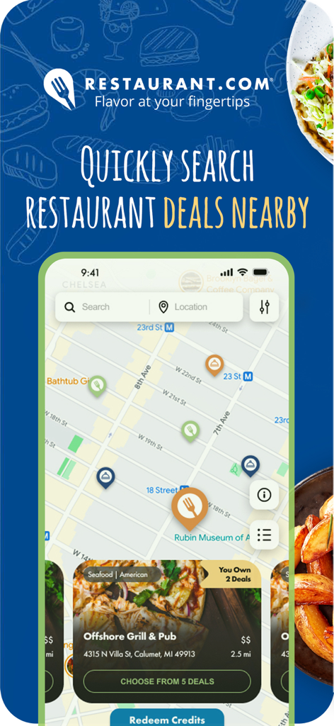 Mobile app map interface showing nearby restaurant deals with price category icons