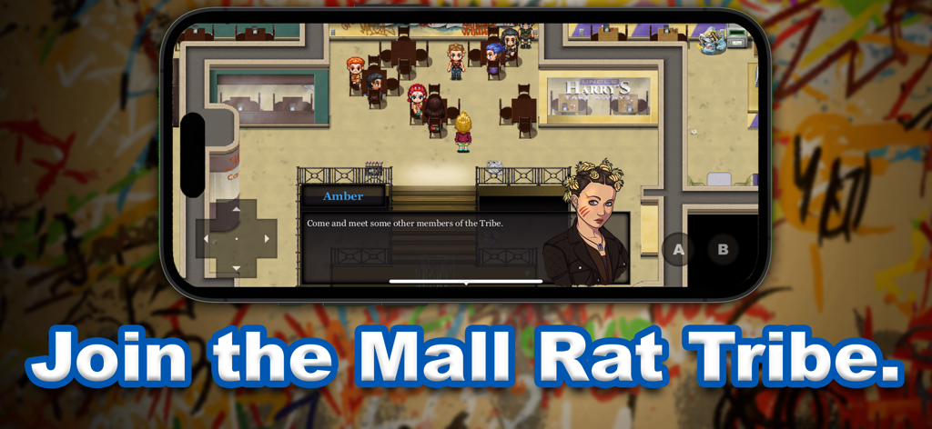 The Tribe Game - Une capture d'écran du gameplay de The Tribe Game montrant le personnage Amber parlant à d'autres dans un café du centre commercial