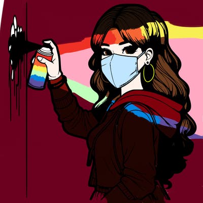 realistic girl with mask spray painting a wall