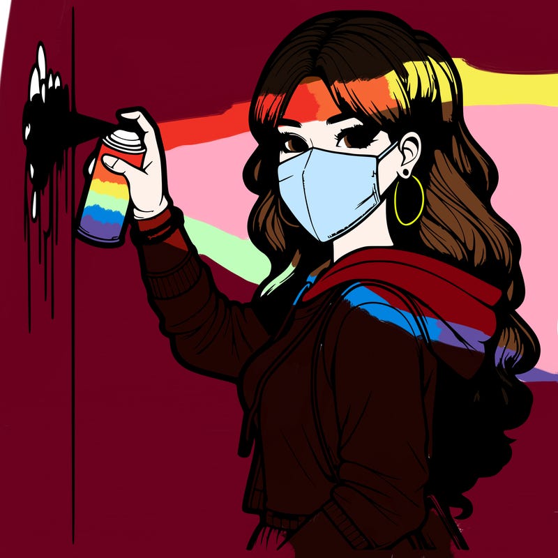 realistic girl with mask spray painting a wall