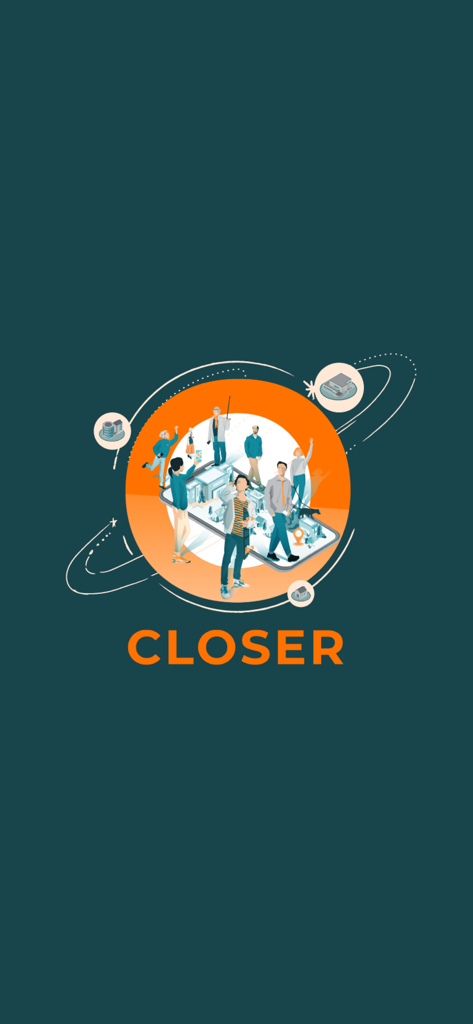 Introductory illustration of the Closer App showing diverse people interacting on a digital world map displayed on a smartphone screen.