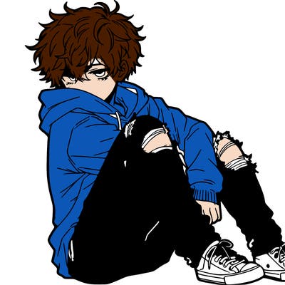 a male hoddie ripped jeans messy hair anime