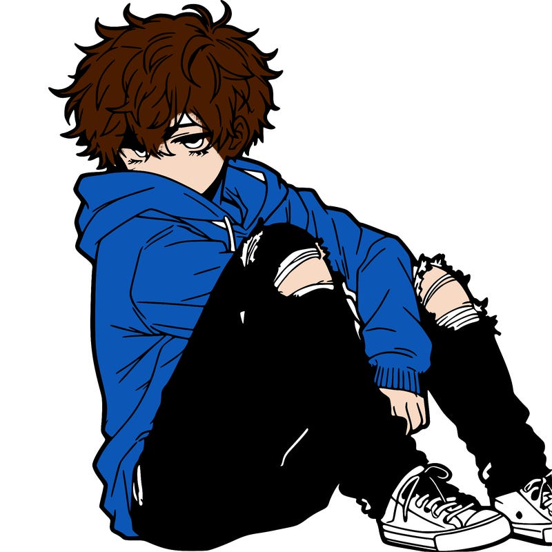 a male hoddie ripped jeans messy hair anime