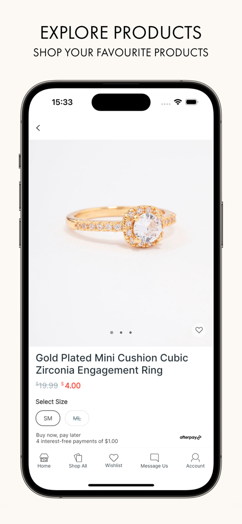 Una pantalla de smartphone mostrando un anillo bañado en oro en la app de compras Lovisa