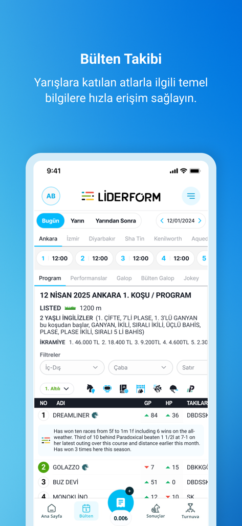 Liderform mobile app showing horse racing bulletin and race details