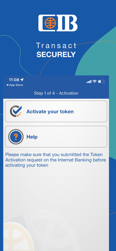 CIB OTP Token - CIB OTP Token app activation screen showing step 1 with the option to activate the token