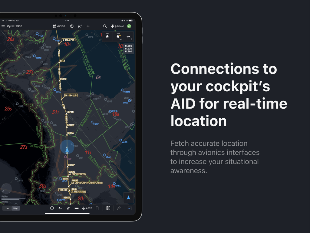 Lido mPilot - Lido mPilot app interface showing real-time aircraft location on a dynamic enroute map using cockpit AID connection