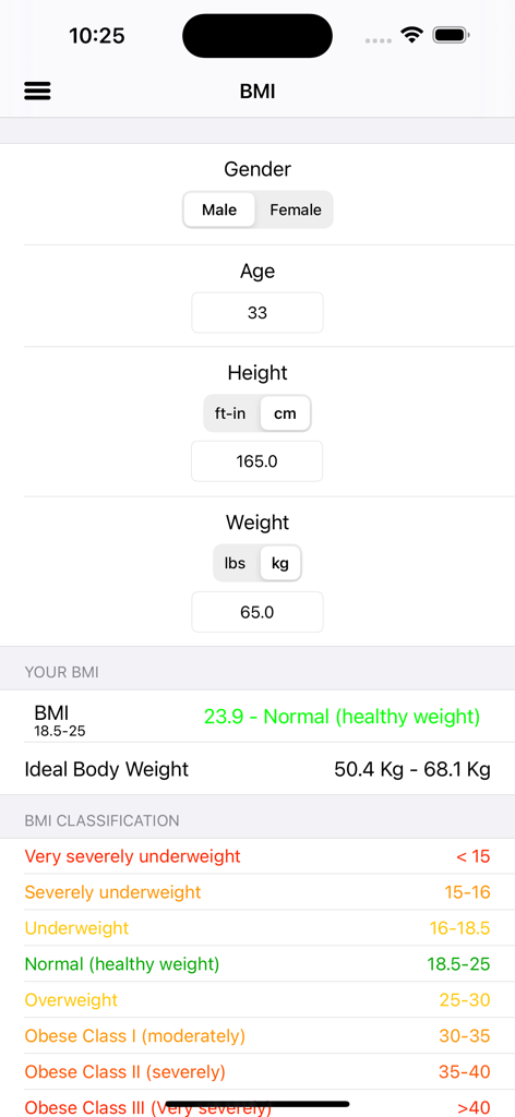 Interfaz de usuario de la calculadora de IMC que muestra campos de entrada y rangos de clasificación de salud