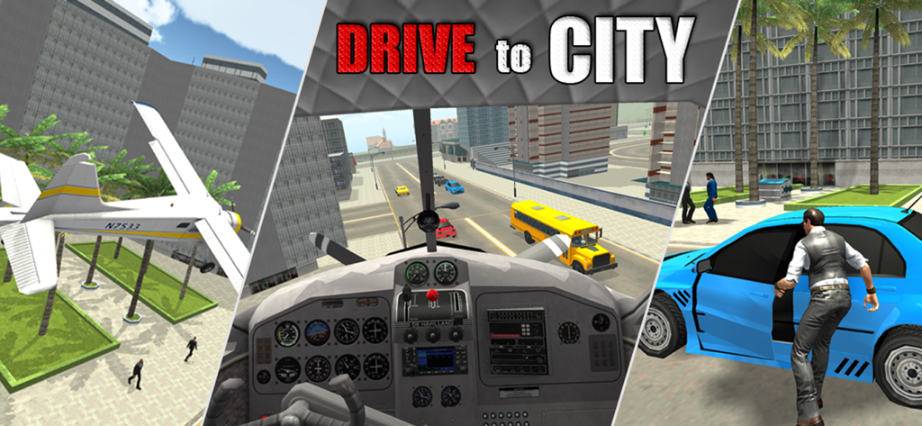 Collage de escenas de juego de Drive To City con calles de la ciudad, un avión y un coche azul