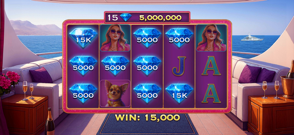 A mobile slot machine game screen featuring blue diamonds and a glamorous woman on a luxury yacht