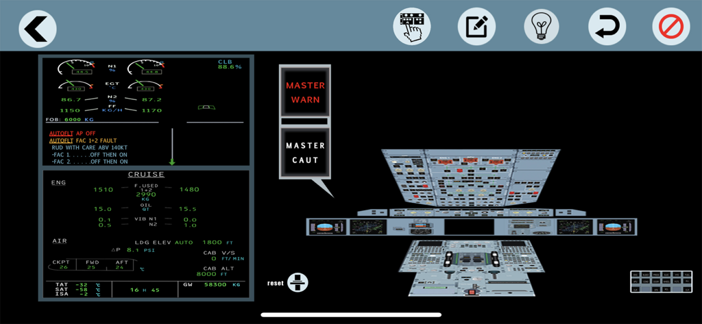 App Airbus A320 pilot trainer che mostra i display ECAM con i dati del motore e gli avvisi di guasto del sistema