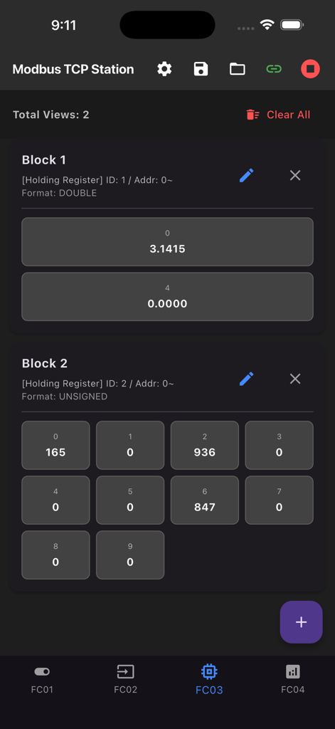 Modbus TCP Station - Modbus TCP Station app interface displaying holding register data blocks with real time values for industrial automation
