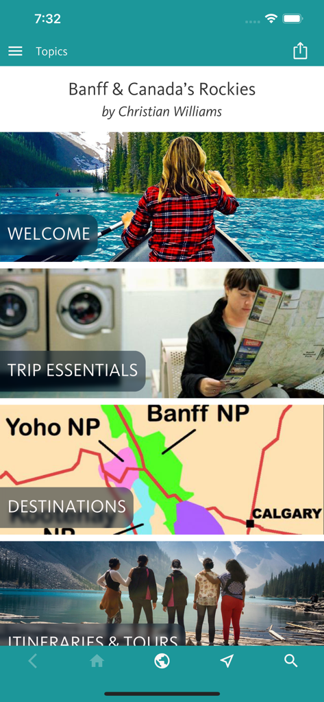 Banff & Canada's Rockies Guide - Main menu of the Banff and Canada Rockies Guide app featuring travel planning categories