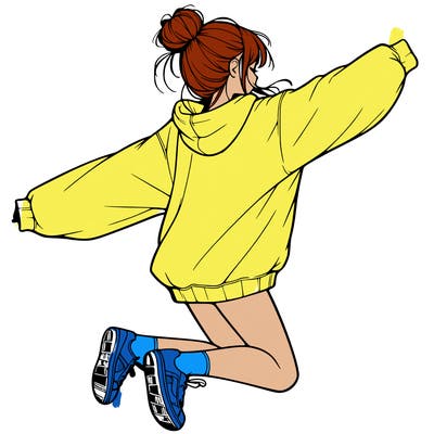 realistic girl jumping with a bun and oversized sweatshirt