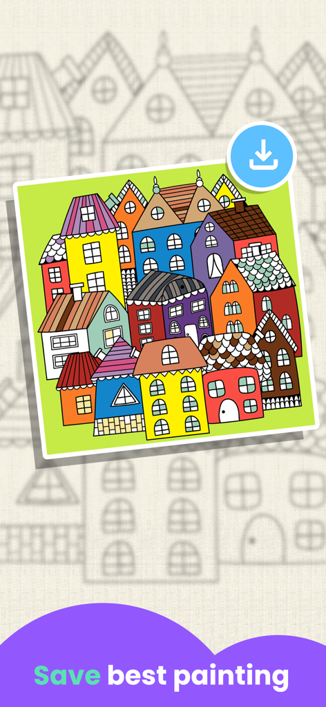 SKIDOS Coloring Games for Kids - Un dibujo digital colorido de varias casas con un botón de guardar en la aplicación SKIDOS Coloring