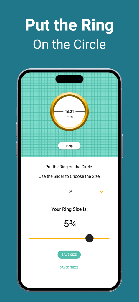 Ring Sizer & Tape Measure App - Una interfaz de aplicación móvil que muestra una herramienta de medición de talla de anillo con un anillo de oro en una escala digital