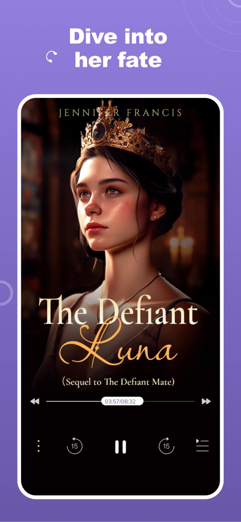 Wehear app audiobook player screen featuring the book cover for The Defiant Luna by Jennifer Francis.
