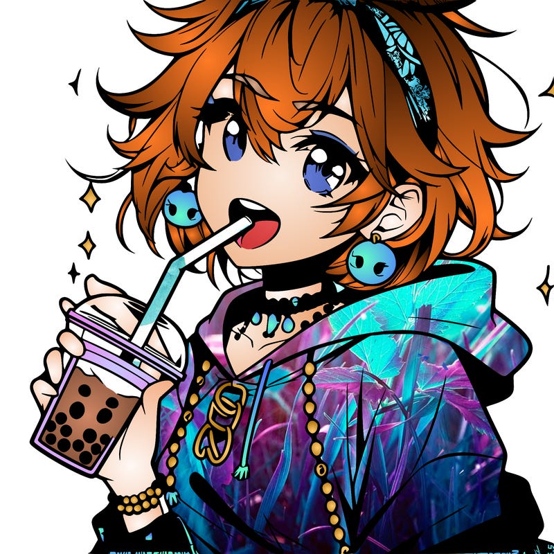 hot baddie anime girl drinking boba and biting the straw