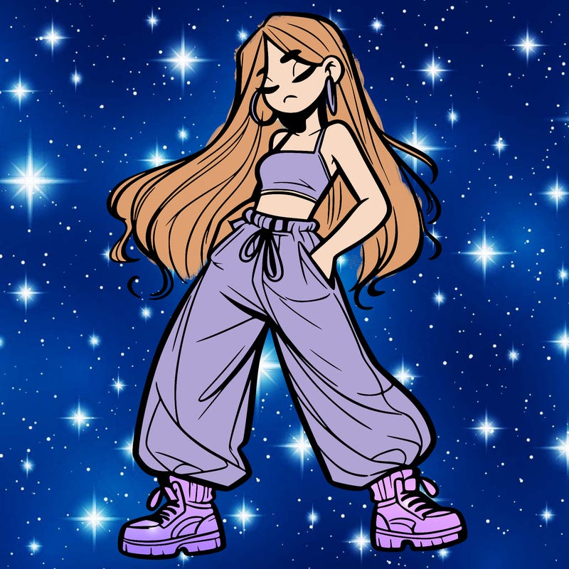 girl in baggy pants crop top and long hair