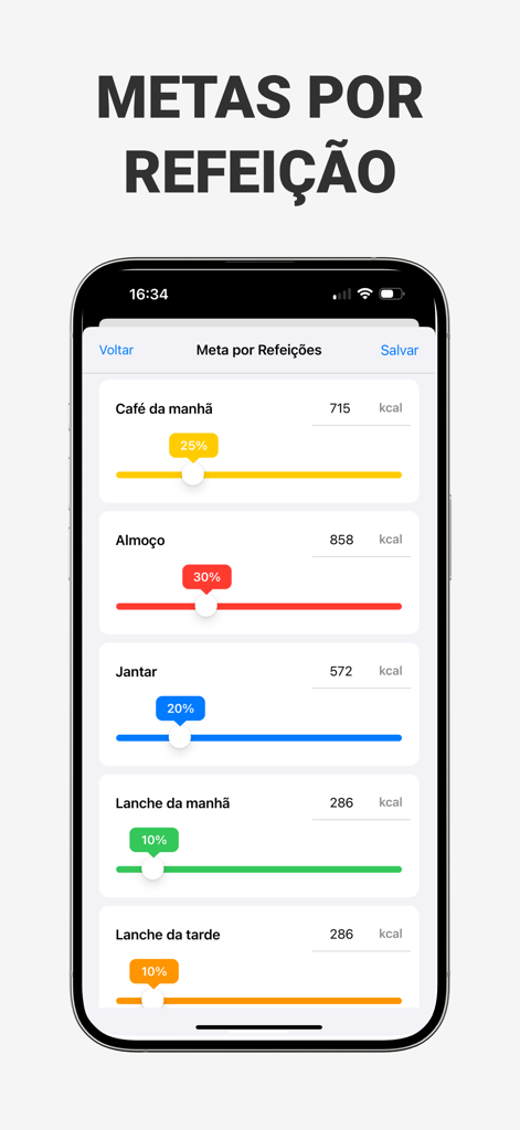 Dieta e Emagrecer: Alimente-se - Interface of a calorie tracker showing daily nutrition goals for specific meals