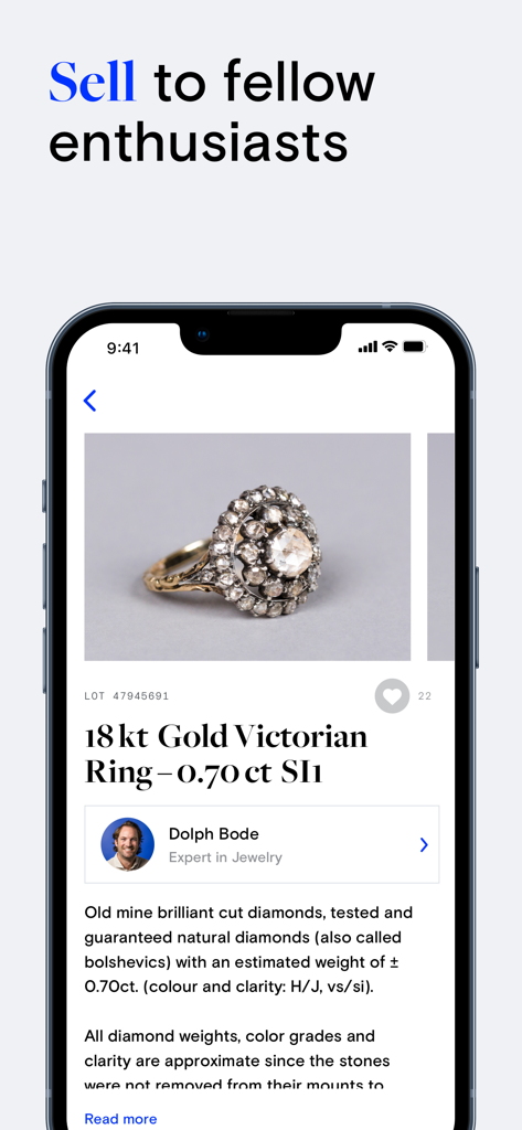 Catawiki app interface showing a Victorian gold ring auction with expert jewelry verification